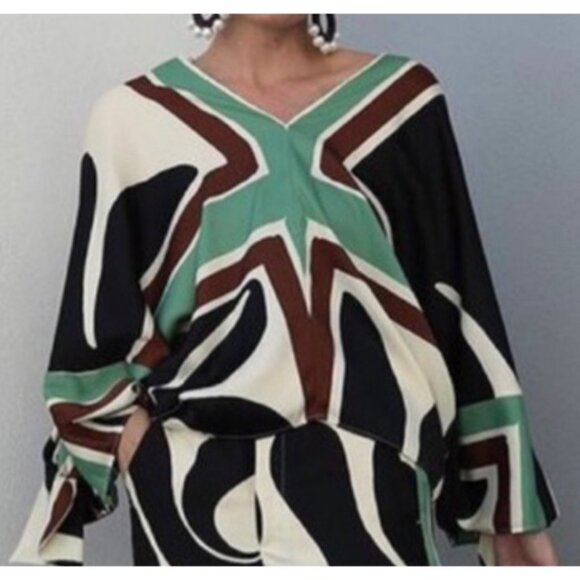 Zara Retro Geometric Print Poncho Top Dolman Sleeve Green Brown Sz Large - Picture 1 of 5